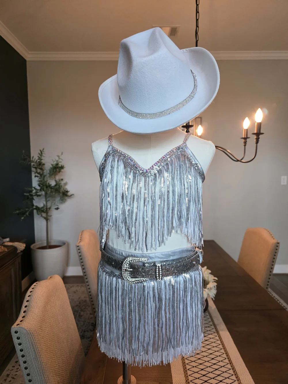 Silver Sequin Fringe Crop Top & Skirt Dance Costume